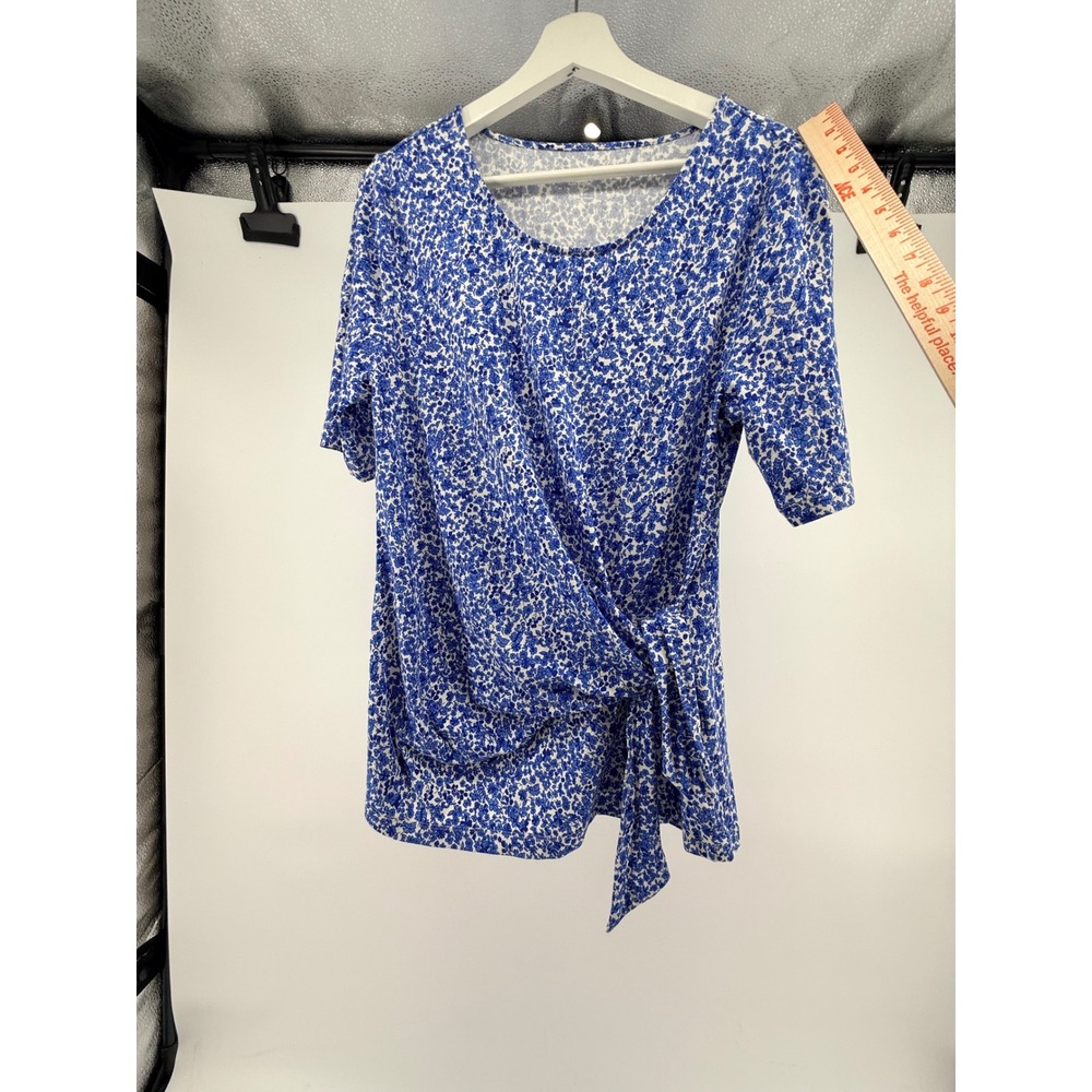 Lands End Womens Blue Floral Side Tie Wrap Front Top Size M 10-12 Short Sleeve